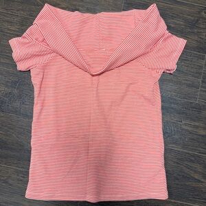 JCREW MELON AND WHITE STRIPED SHORT SLEEVE TURNED DOWN NECK COLLAR